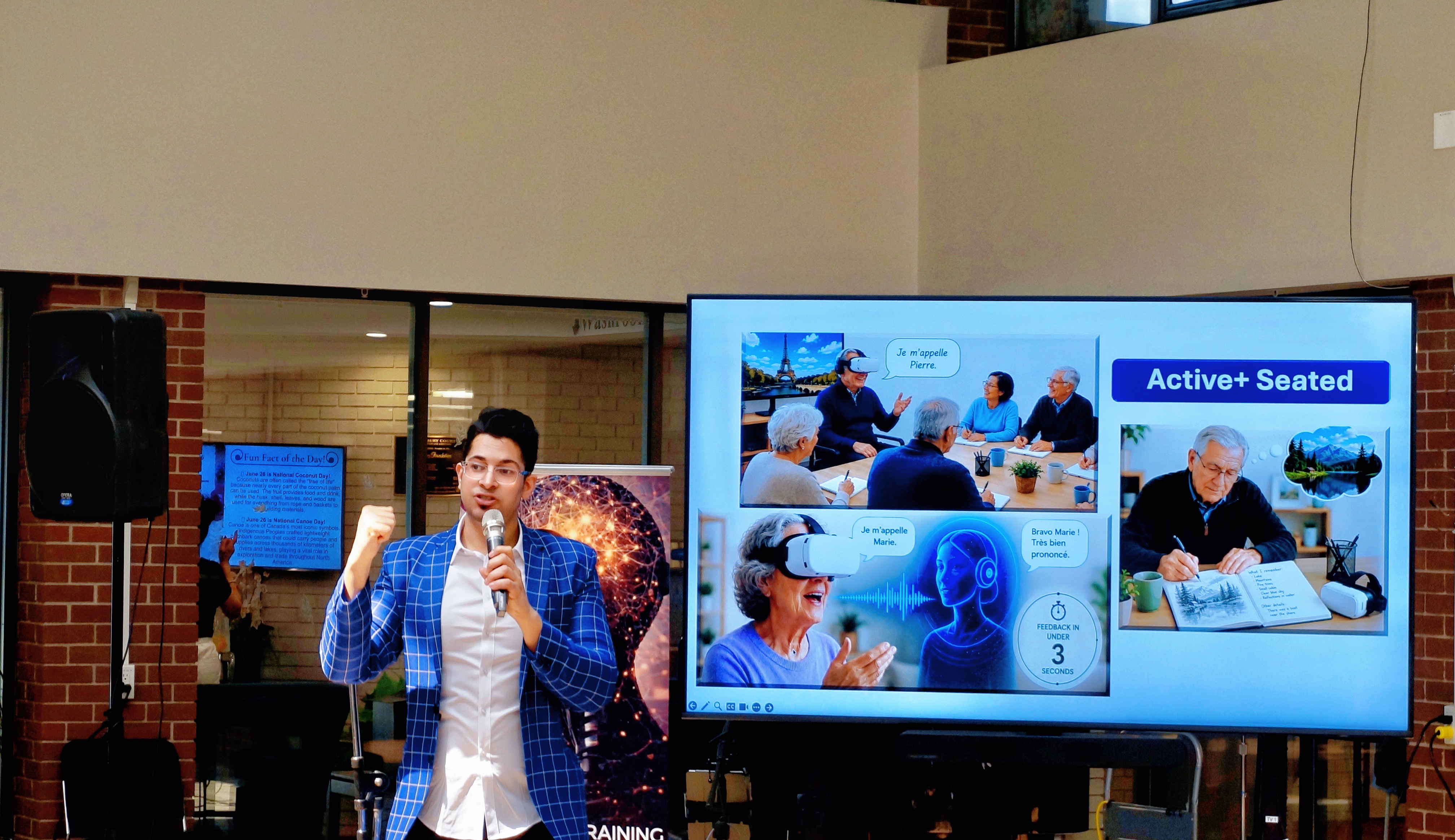 Participants watching a Immersive Mind & Memory Program (IMMP) session on a shared screen during a Simple French with Hems pilot