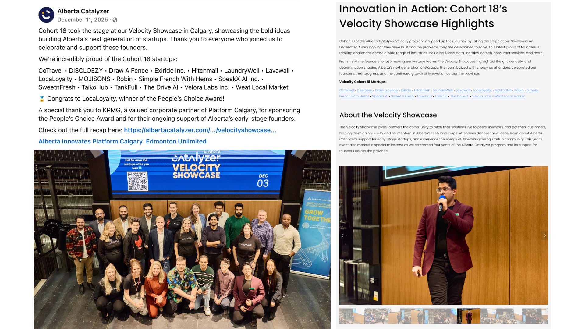 Composite: Alberta Catalyzer Facebook post listing Simple French with Hems Inc.&reg; for Cohort 18 Velocity Showcase in Calgary, and program recap with founder Hems presenting on stage.
