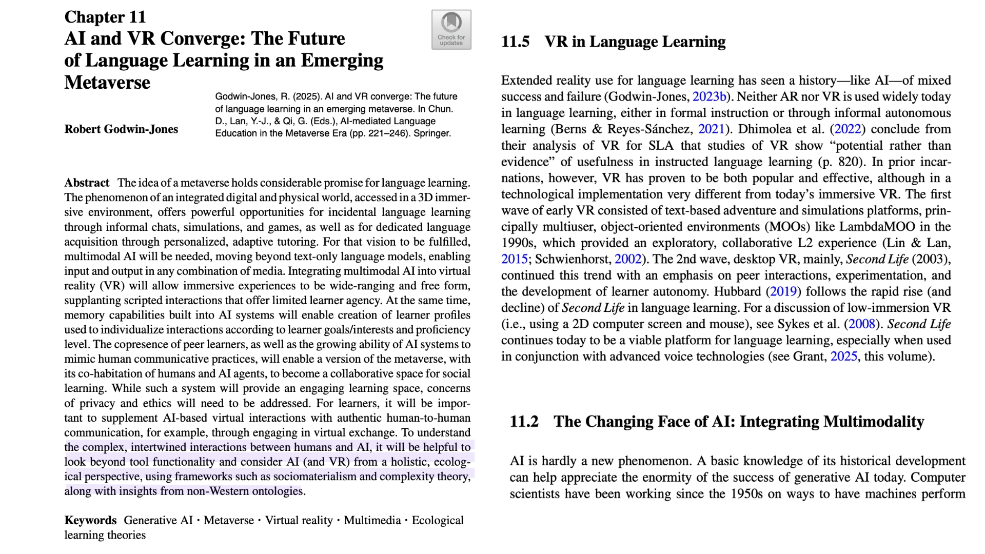 Graphic for Robert Godwin-Jones publication on AI and VR convergence in language learning
