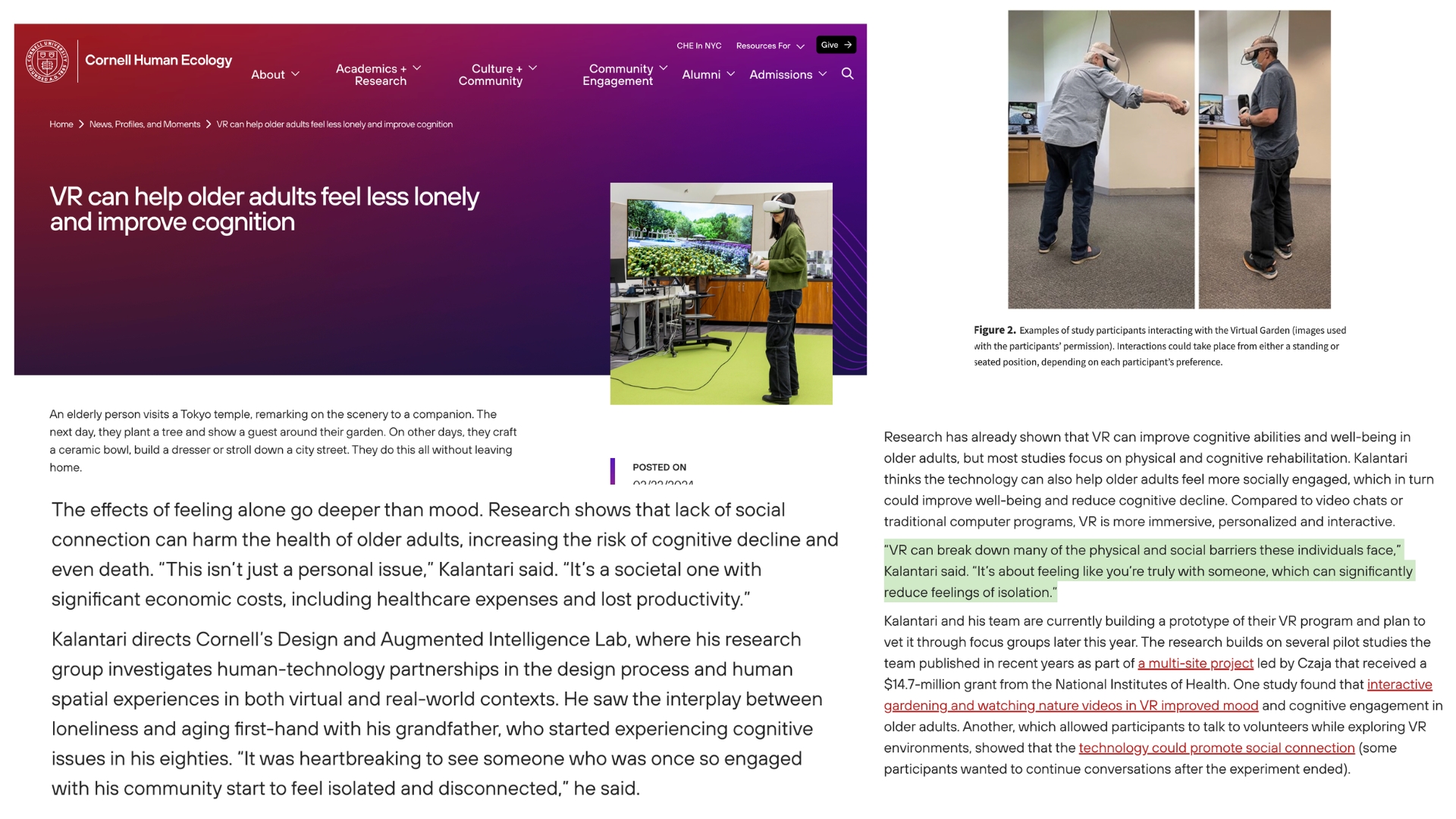 Cornell Human Ecology feature on VR for reducing loneliness and improving cognition in older adults