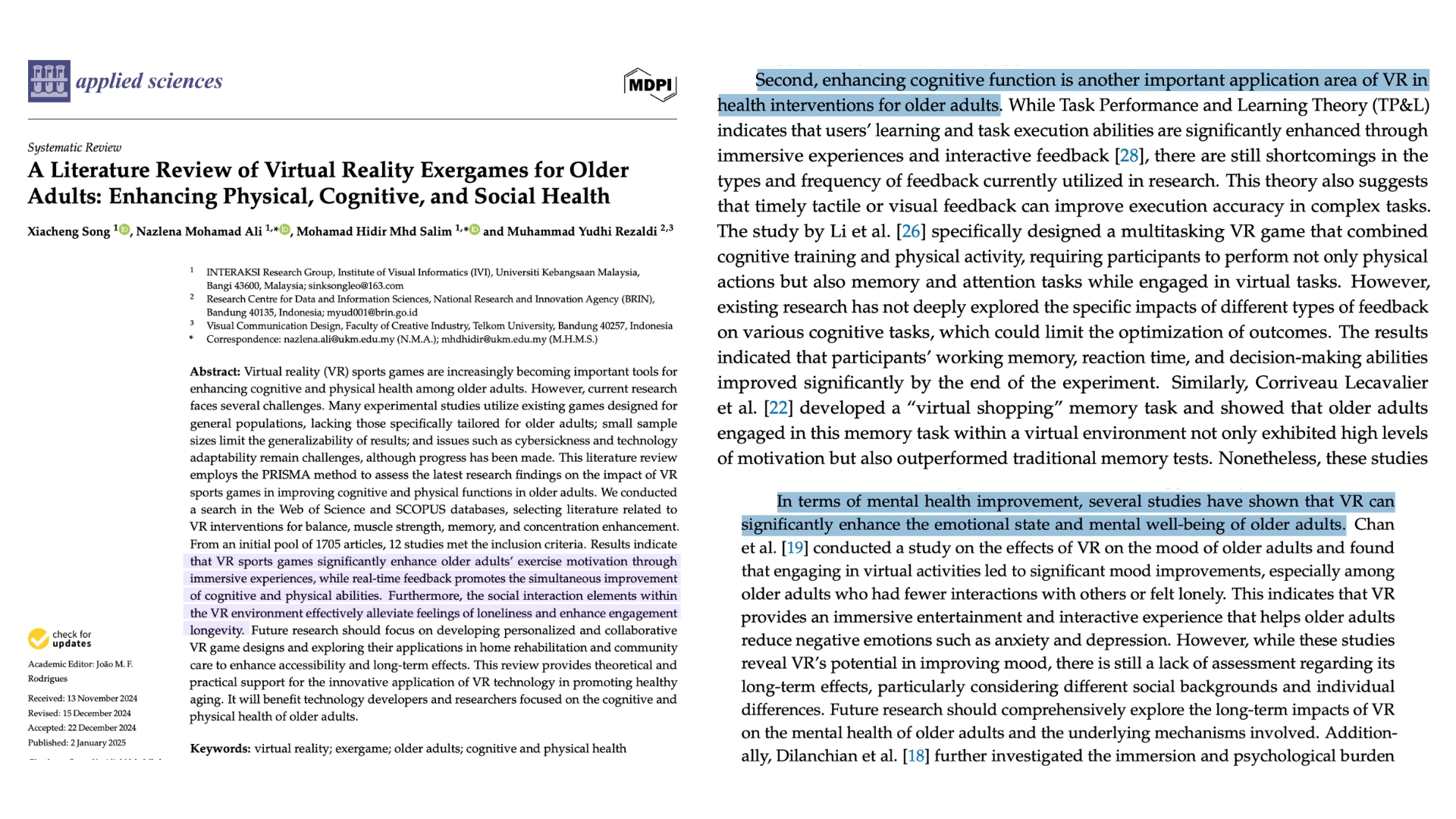 Applied Sciences (MDPI) systematic review on VR exergames for physical, cognitive, and social health in older adults