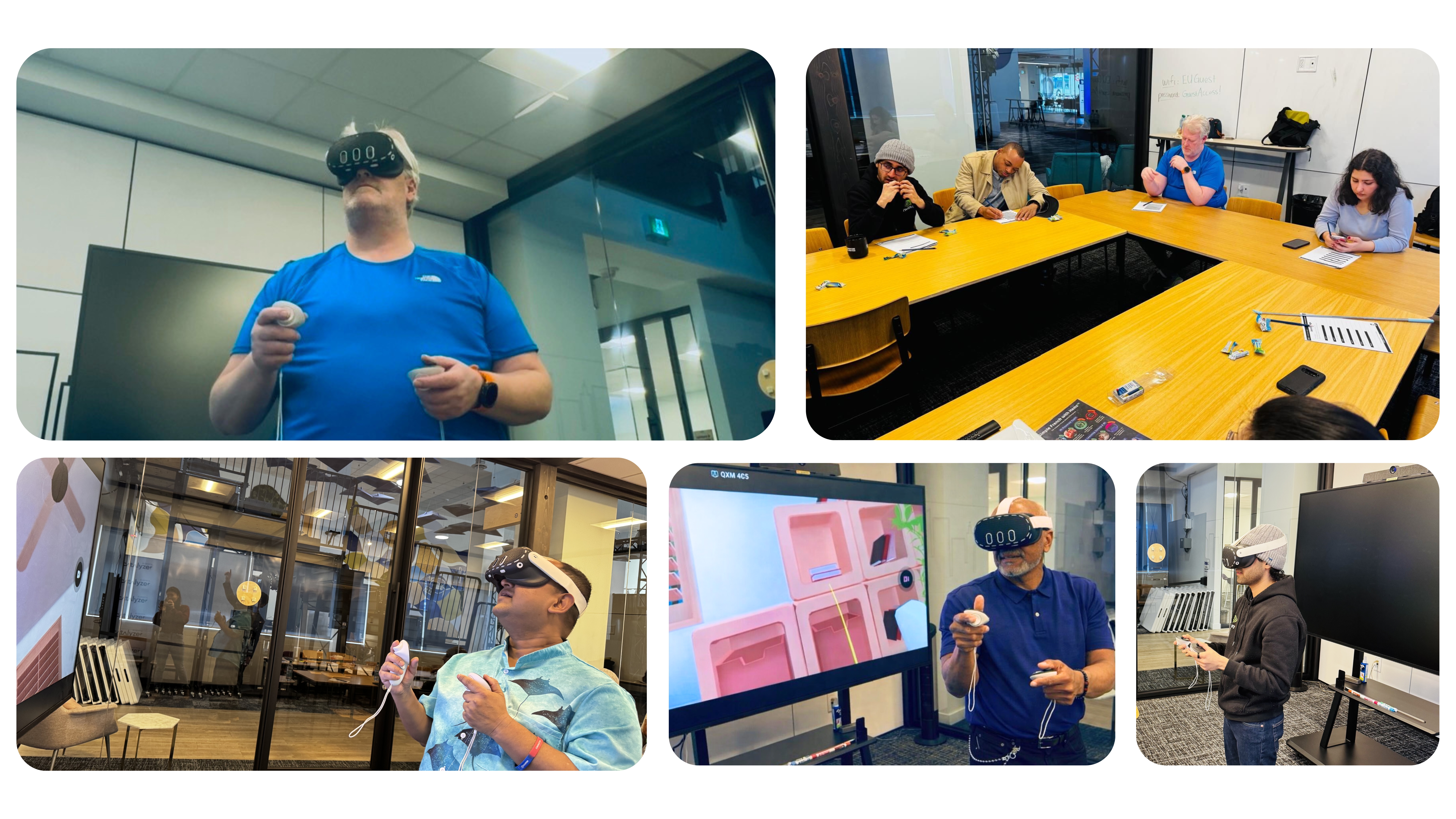 Collage of guided VR sessions in typical indoor spaces with tables, chairs, and shared screens